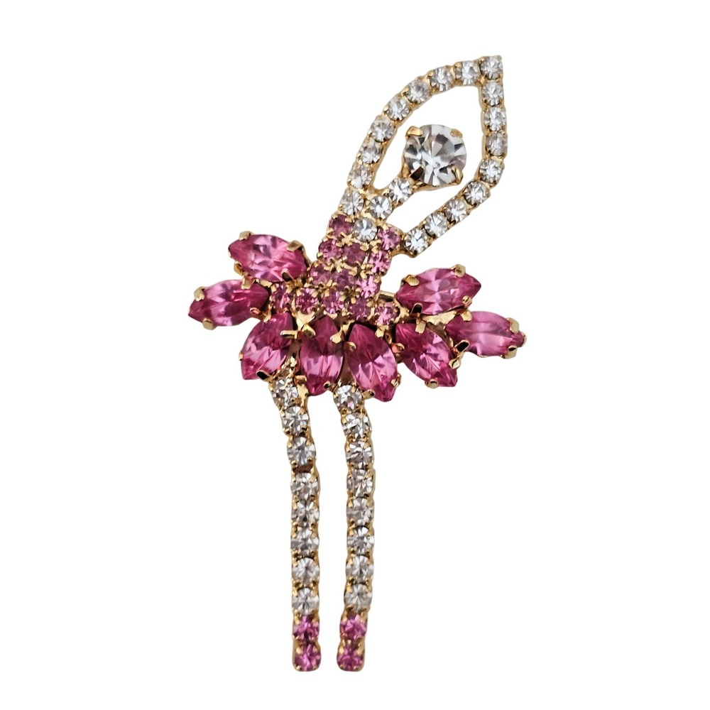 Ballerina Rhinestone Brooch Pink Glass Gold Tone Dance Figural Pin Girl Gift